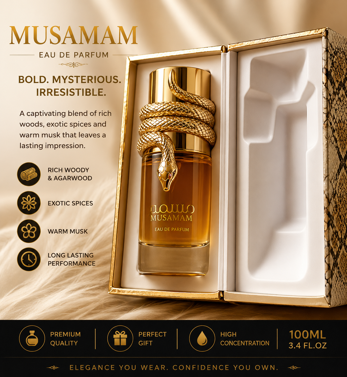 Musamam Eau de Parfum Spray for Women & Men, 3.4 Oz / 100ml, Long Lasting Unisex Fragrance, Warm Woody Oriental Perfume with Rich Oud, Musk & Spicy Notes