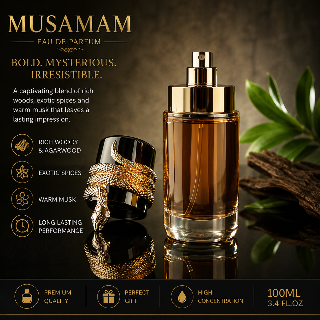 Musamam Eau de Parfum Spray for Women & Men, 3.4 Oz / 100ml, Long Lasting Unisex Fragrance, Warm Woody Oriental Perfume with Rich Oud, Musk & Spicy Notes