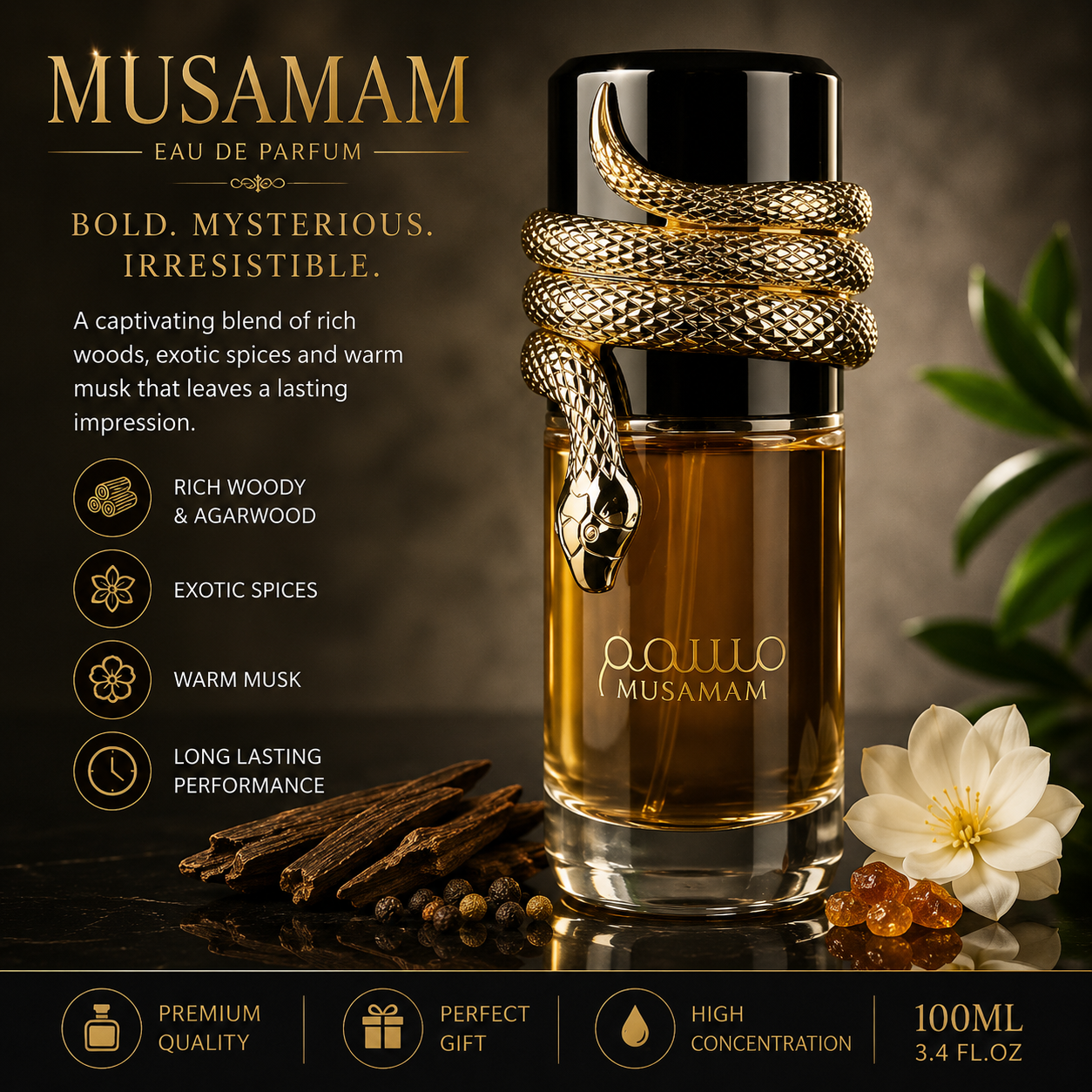 Musamam Eau de Parfum Spray for Women & Men, 3.4 Oz / 100ml, Long Lasting Unisex Fragrance, Warm Woody Oriental Perfume with Rich Oud, Musk & Spicy Notes