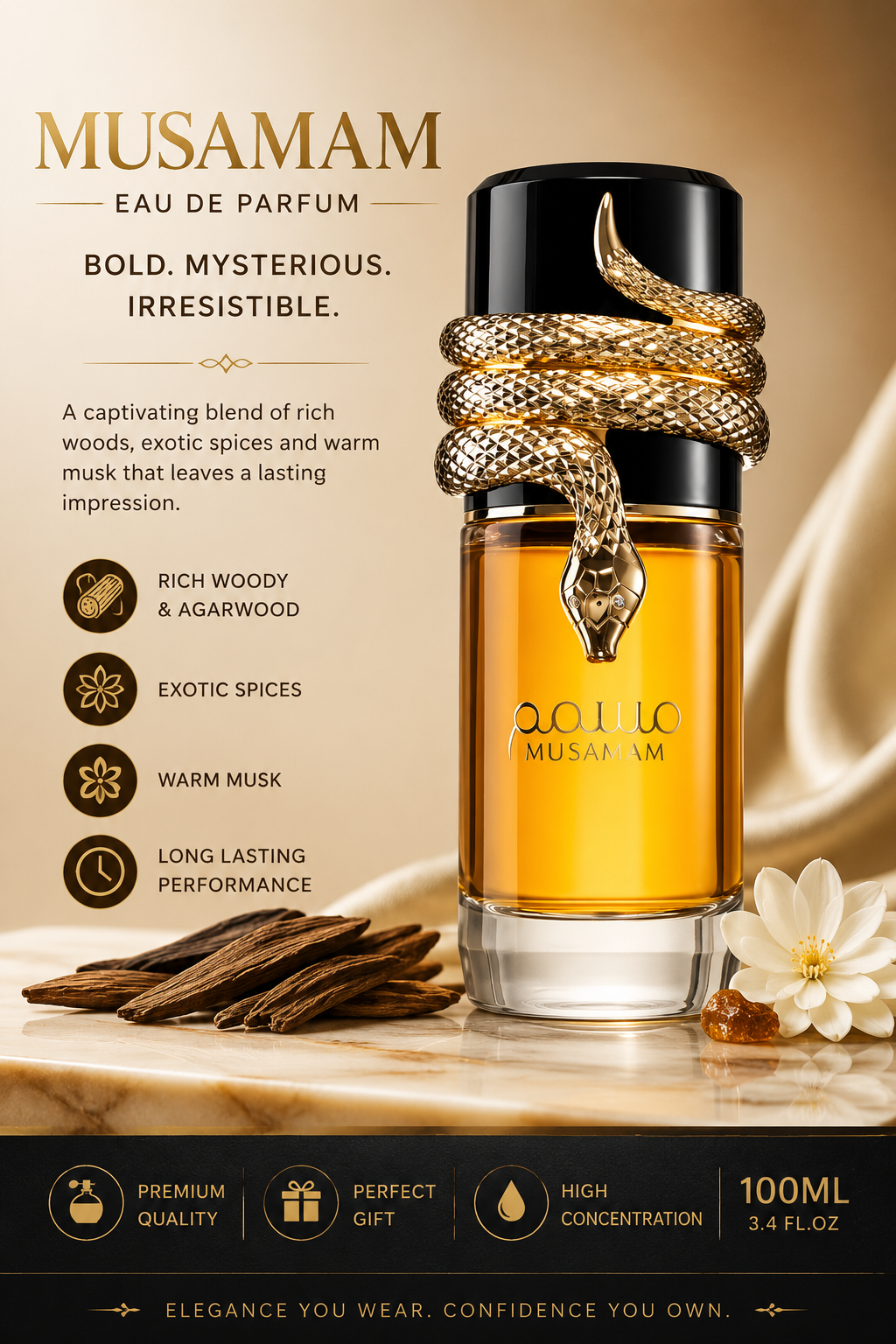 Musamam Eau de Parfum Spray for Women & Men, 3.4 Oz / 100ml, Long Lasting Unisex Fragrance, Warm Woody Oriental Perfume with Rich Oud, Musk & Spicy Notes