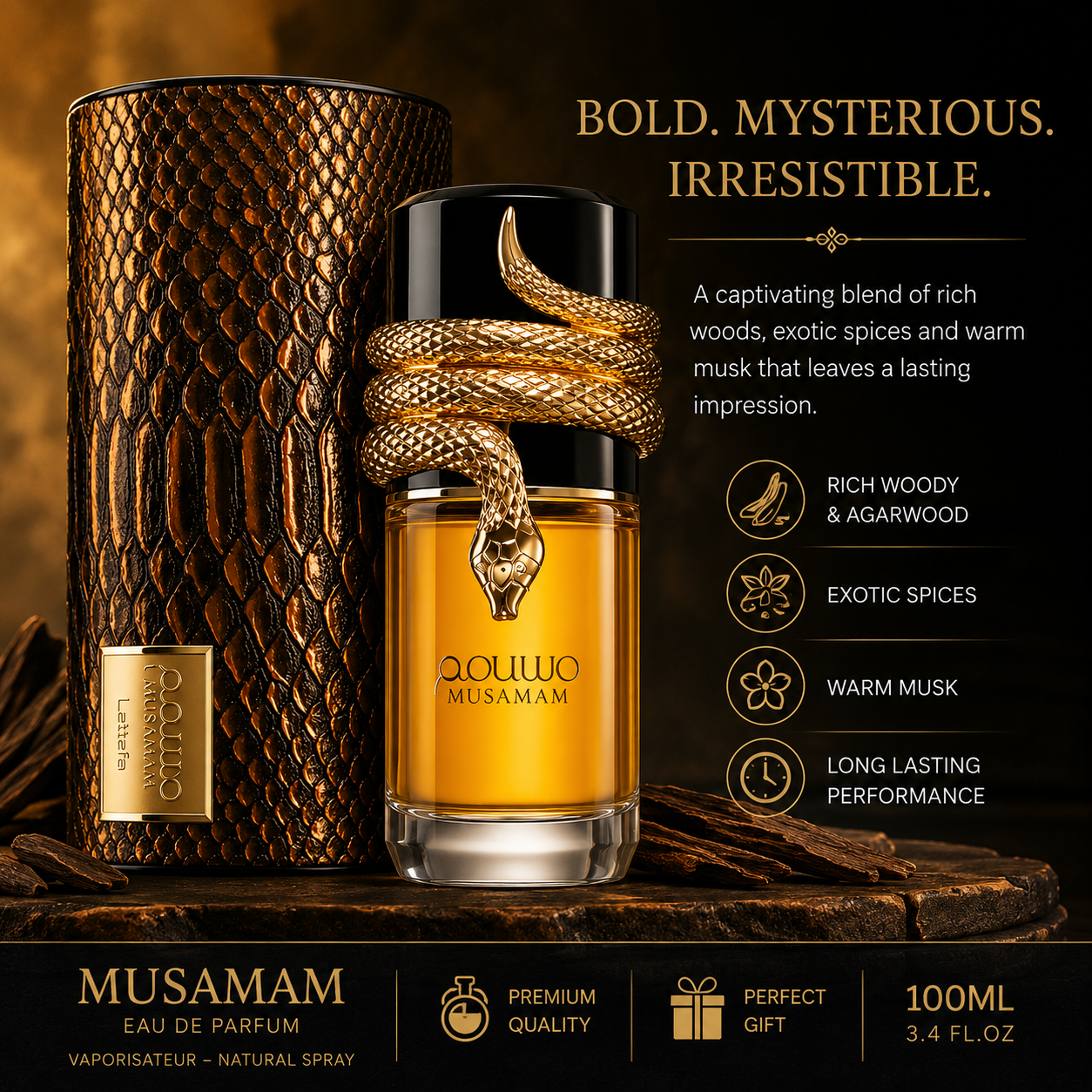 Musamam Eau de Parfum Spray for Women & Men, 3.4 Oz / 100ml, Long Lasting Unisex Fragrance, Warm Woody Oriental Perfume with Rich Oud, Musk & Spicy Notes