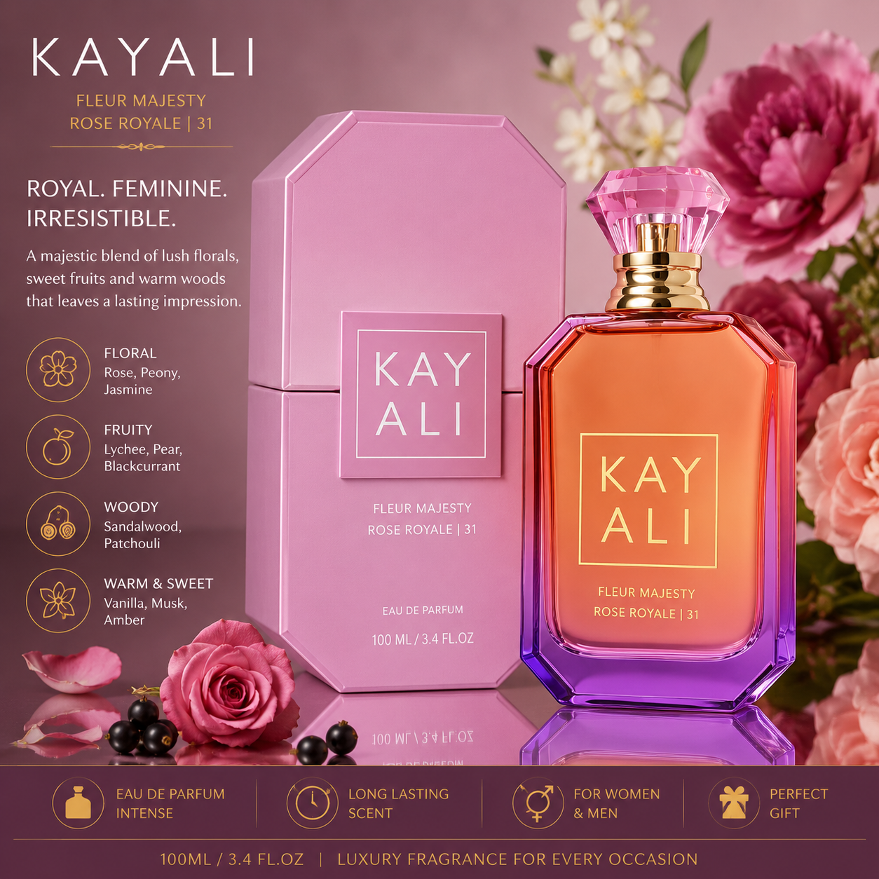 KAYALI Eau de Parfum Intense Spray for Women & Men, 100ml / 3.4 Fl Oz, Sweet Fruity Floral & Warm Woody Fragrance, Long Lasting Luxury Unisex Perfume