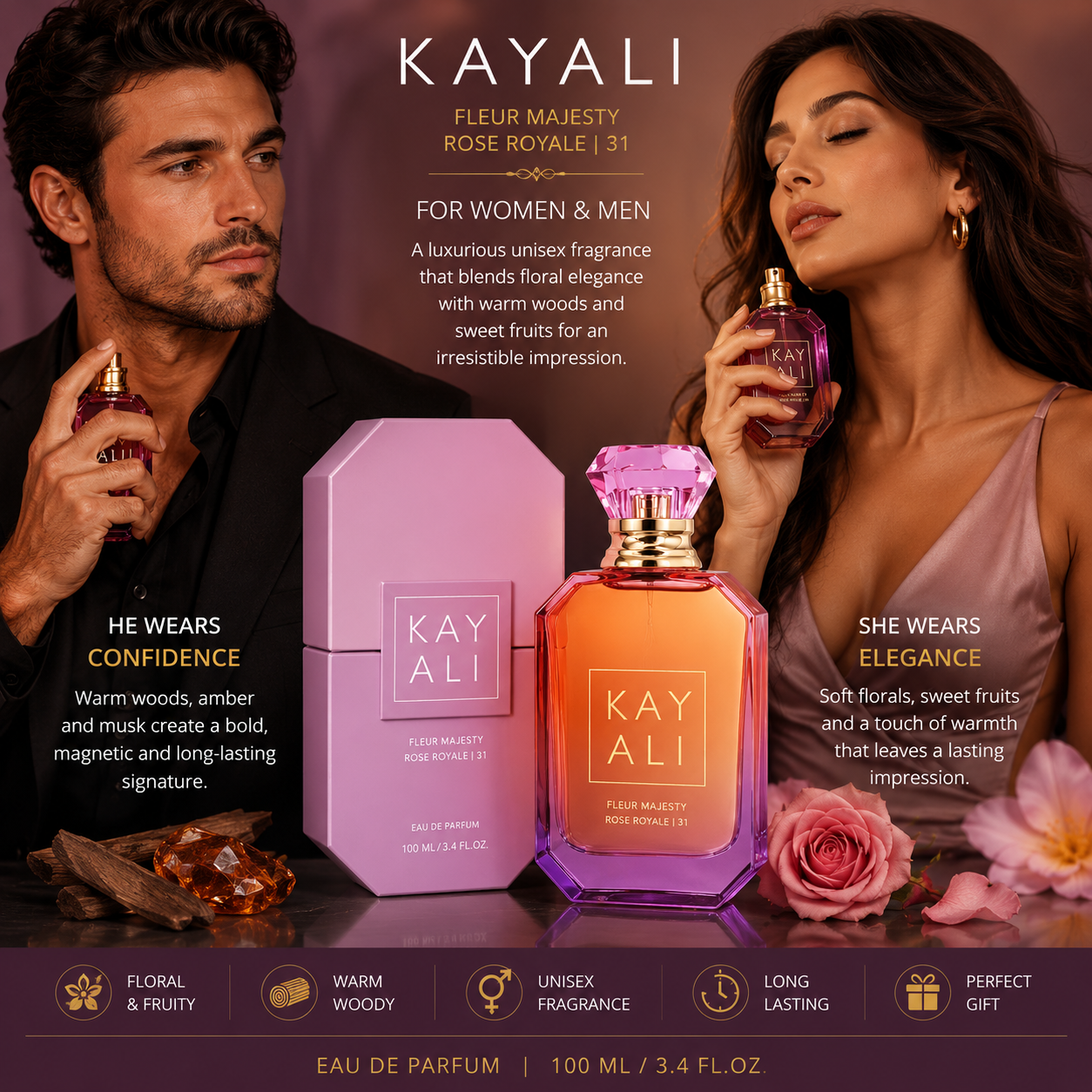 KAYALI Eau de Parfum Intense Spray for Women & Men, 100ml / 3.4 Fl Oz, Sweet Fruity Floral & Warm Woody Fragrance, Long Lasting Luxury Unisex Perfume